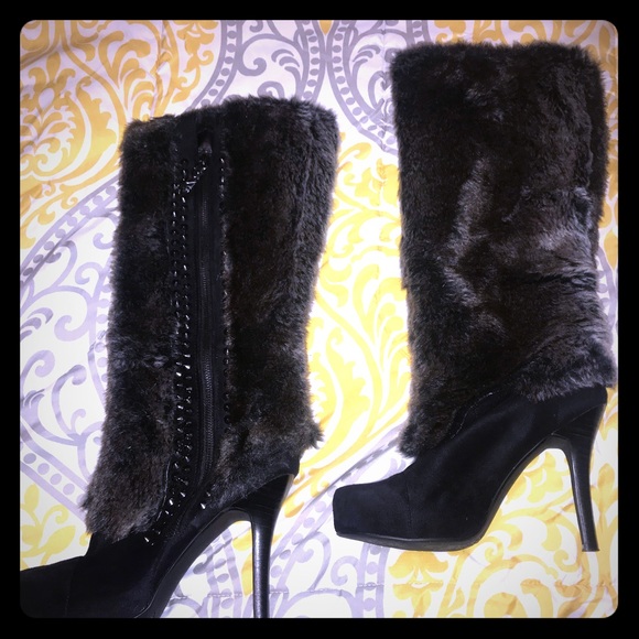tall black fur boots